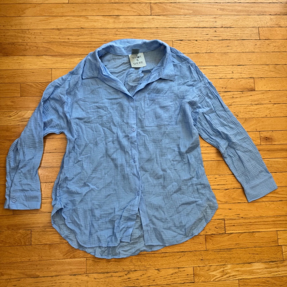 Shade & Shore Womens Blue Cotton Gauze Button Down Cover Up Shirt Large NWT